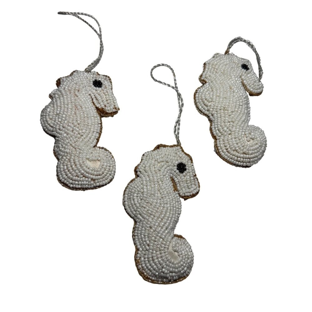 Handmade White Beaded Seahorse Ornaments Set Of 3 With Satin Backing